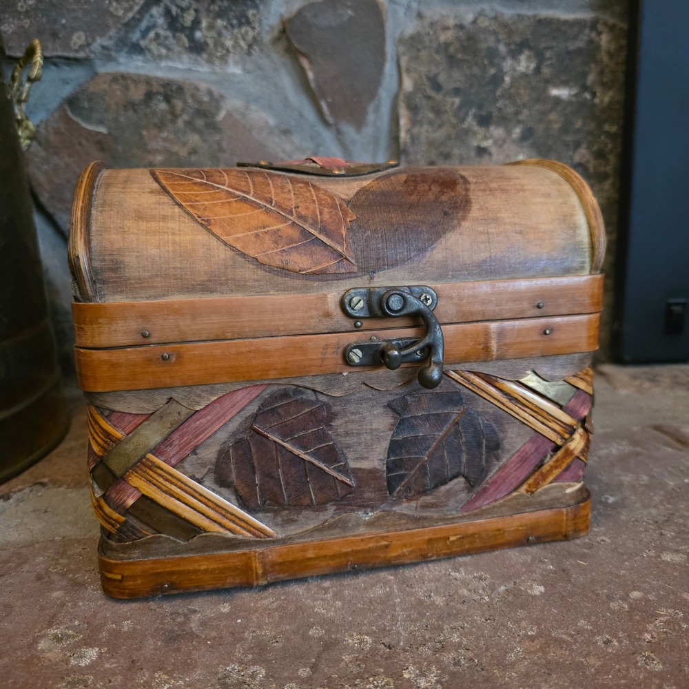 Vintage Wooden Treasure Chest Box Carved Leaf Bamboo Woven Jewelry Keepsake Box